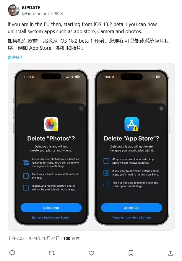 龙马潭苹果手机维修分享iOS 18.2 支持删除 App Store 应用商店 