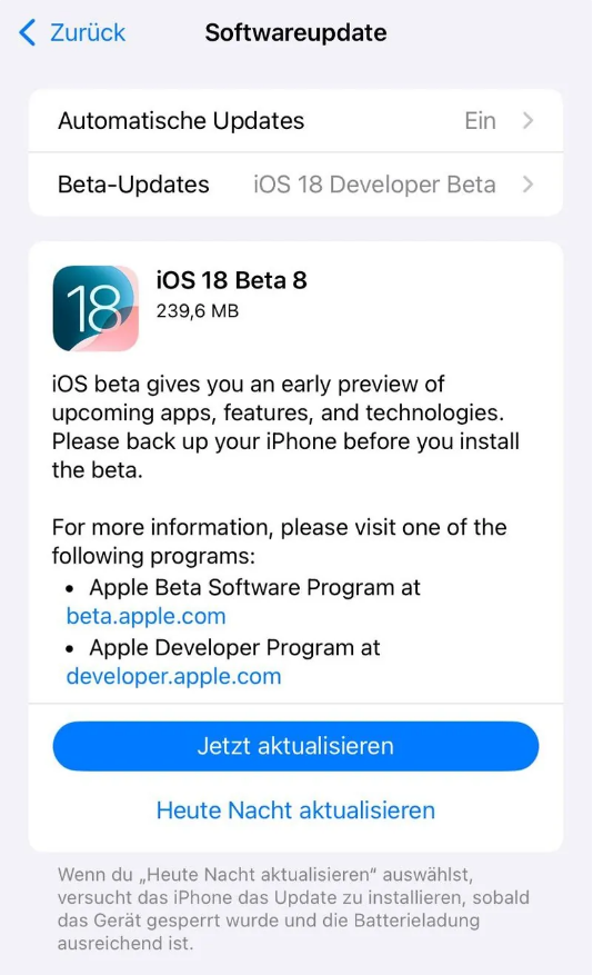 龙马潭苹果手机维修分享苹果 iOS / iPadOS 18 开发者预览版 Beta 8 发布 